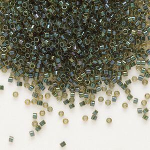 Seed bead, Delica&reg;, glass, pkg/7.5g, #11 round, translucent forest green-lined luster topaz (DB-0273).