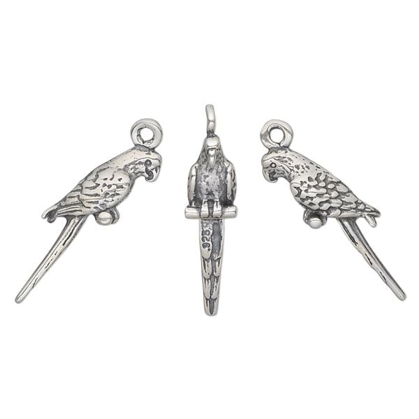 Charm, antiqued sterling silver, 21x6mm double-sided parrot. Sold individually. image number 0