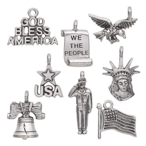 Charm set, antiqued pewter (tin-based alloy), 14.5x9mm-23.5x18.5mm patriotic theme. Sold per 8-piece set. image number 0
