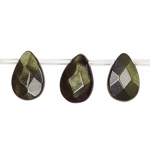 Bead, green goldstone (glass) (man-made), 14x10mm top-drilled faceted flat teardrop. Sold per 16-inch strand.