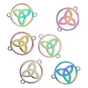 Link, electro-coated stainless steel, rainbow, 17mm double-sided open round with trinity knot. Sold per pkg of 6.