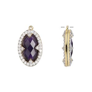 Drop, amethyst (natural) / cubic zirconia / gold-finished sterling silver, clear, 18x12mm double-sided faceted oval. Sold individually.