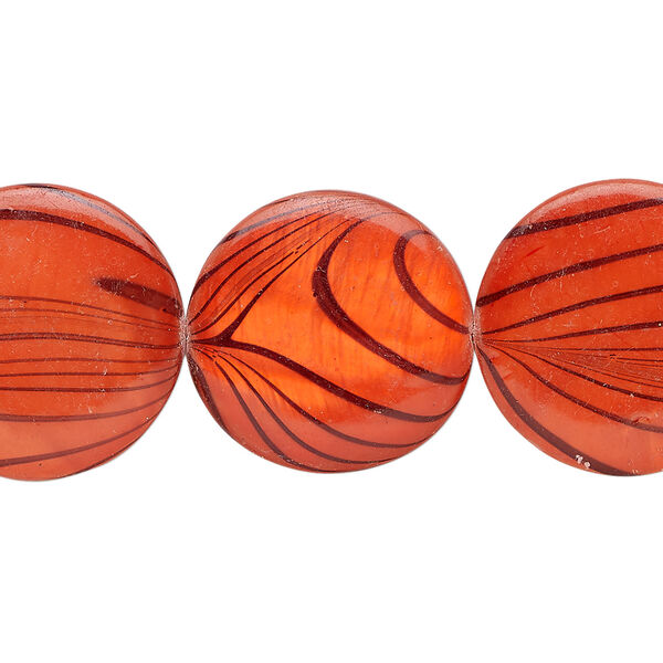 Mother-of-pearl shell 1pkg1, puffed flat round bead 15 inch red-orange 19-20mm image number 0