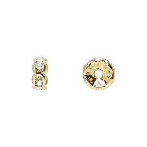 Bead 1pkg10 gold-finished, 8x4mm rondelle, brass / clear rhinestone