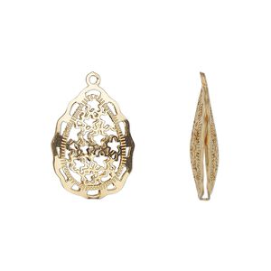 Drop, gold-finished stainless steel, 18x13.5mm double-sided domed teardrop with textured cut-out stars design. Sold per pkg of 6.