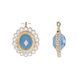 Drop, chalcedony (dyed) / cubic zirconia / gold-finished sterling silver, clear and blue, 17x15mm single-sided faceted oval. Sold individually.