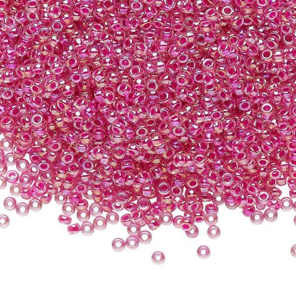 Seed bead, Miyuki, glass, pkg/250g, #11 rocaille, translucent hot pink-lined rainbow crystal clear, (RR-355). image number 0