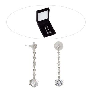 Earring, cubic zirconia / stainless steel / rhodium-finished brass, clear, 2-1/4 inches with post. Sold per pair.