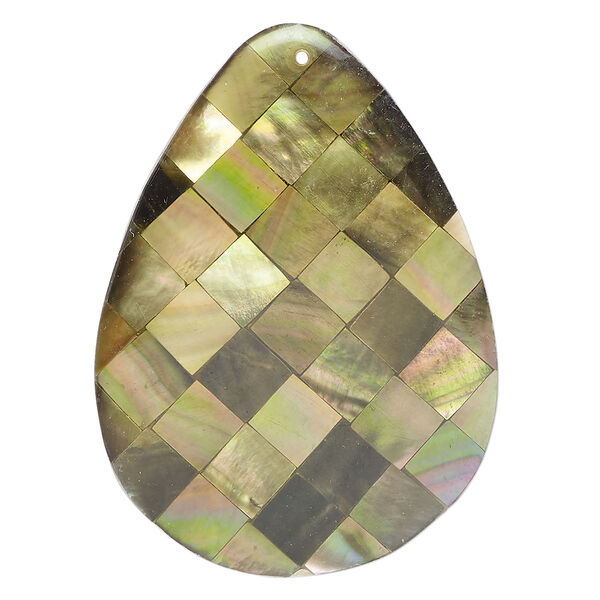 Focal, black lip shell and resin (assembled) 1pkg1, 48x34mm-50x35mm top-drilled 1sided teardrop with checkerboard pattern. image number 0