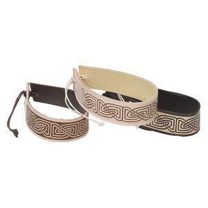 Bracelet, leather, brown / tan / black, 19.5mm wide with Celtic design, adjustable from 7-9 inches with macram&eacute; knot closure. Sold per pkg of 3.