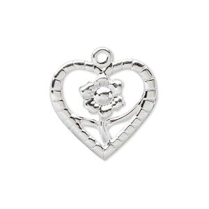 Charm, silver-plated brass, 23x21mm heart with flower. Sold per pkg of 10.