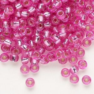 Seed bead, Miyuki 1pkg25g glass, #6 rocaille, Duracoat&reg; opaque silver-lined pink parfait / outside dyed (RR-4267)
