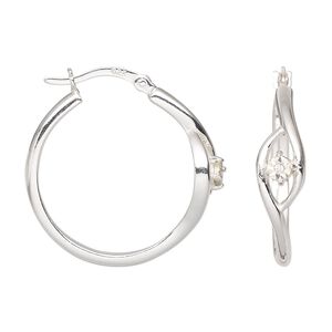 Earring, Create Compliments&reg;, sterling silver and cubic zirconia, clear, 25mm round hoop with hinged closure. Sold per pair.