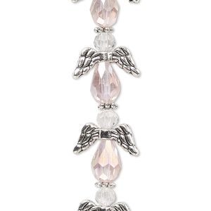 Bead mix 1pkg6 silver-plated "pewter", 17x14mm angel, pink AB & clear / antique