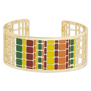 Bracelet, Avant-Garde Jewelry Collection&trade;, cuff, enamel and gold-plated brass, multicolored, 30mm wide with cutout and geometric design, adjustable from 7-8 inches. Sold individually.