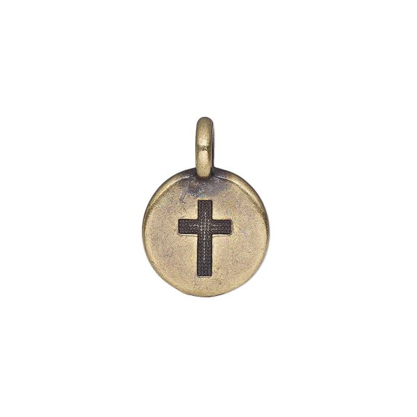Drop, TierraCast&reg;, antique brass-plated pewter (tin-based alloy), 11.5mm single-sided round with cross. Sold per pkg of 2. image number 0