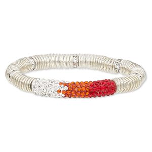 Bracelet, stretch, glass rhinestone / polymer clay / silver-plated brass / steel / "pewter" (zinc-based alloy), red / white / multicolored, 9mm wide with 45x9mm curved tube, 7 inches. Sold individually.