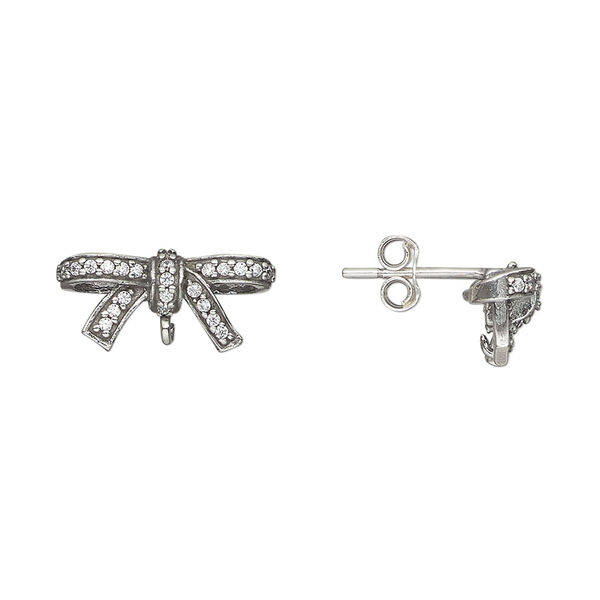 Ear stud 1pkg2 sterling silver, 16x7mm bow / open loop / earnuts included, 20 gauge antiqued cubic zirconia image number 0