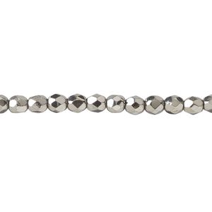 Bead, fire-polished, metallic grey glass, opaque clear, 4mm faceted round. Sold per 1 mass, approximately 1,200 beads.