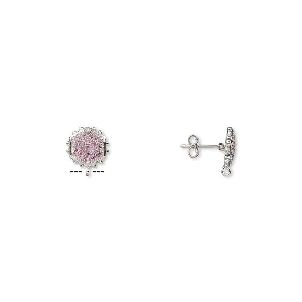 Earstud 1pkg2 sterling silver / garnet (natural), 12x11mm beaded hexagon / open loop, 1 pair image number 0