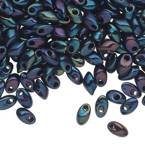 Seed bead, Miyuki, glass, pkg/250g, 7x4mm long magatama, opaque metallic rainbow peacock, (LMA-452).