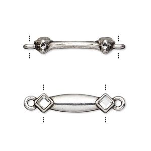 Link, glass rhinestone and antiqued silver-finished "pewter" (zinc-based alloy), clear, 24x6mm double-drilled bar with diamond design, fits up to 18mm bead. Sold per pkg of 10.