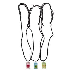 Necklace, resin / flower / nylon / steel, assorted colors, 23x14mm rectangle, adjustable from 18-24 inches with macram&eacute; knot closure. Sold per pkg of 3.