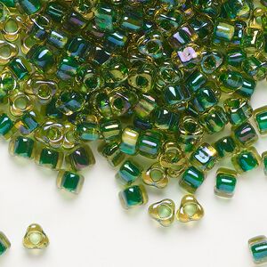 Seed bead, Miyuki, glass, transparent yellow color-lined green, (TR1165), #5 triangle. Sold per 250-gram pkg.
