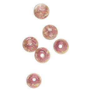 Bead, lampworked glass, clear / purple / glow-in-the-dark / gold, 8mm round. Sold per pkg of 6.