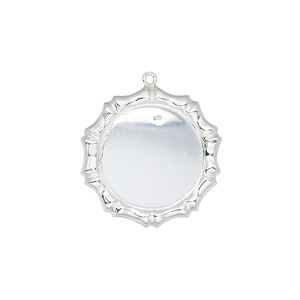 Drop, sterling silver, 21mm single-sided round with bamboo edge design and 16mm round setting. Sold individually.