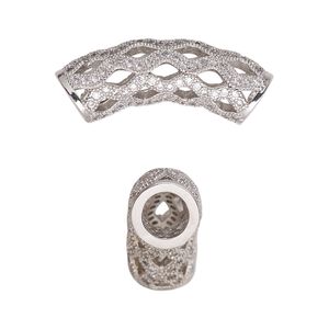Bead 1pkg1 silver-plated, 29x8mm curved tube / cutout diamond, brass / clear cubic zirconia