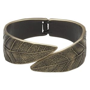 Bracelet, hinged bangle, antique gold-finished "pewter" (zinc-based alloy), 25mm wide with leaf design, 7 inches. Sold individually.