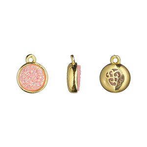 Drop, Druzylite&trade;, "druzy" (resin) and gold-finished brass, pink, 9.5mm two-sided round with open filigree back. Sold per pkg of 4.