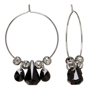 Earring, Everyday Jewelry&trade;, Crystal Passions&reg; and silver-plated "pewter", jet, 42mm hoop with teardrops and rounds. Sold per pair.