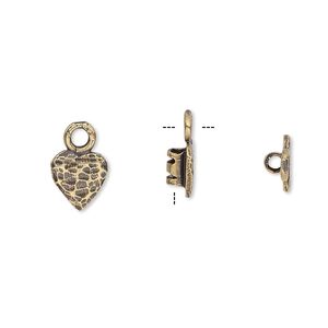 Crimp end 1pkg2 brass, 8x7.5mm textured heart / loop / 2mm inside diameter, antiqued