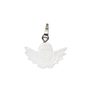 Pendant, mother-of-pearl shell (bleached) / antique silver-finished "pewter" (zinc-based alloy) / steel 1pkg1, 20x12mm-21x13mm single-sided carved cherub.