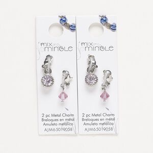 Drop, silver-finished "pewter" (zinc-based alloy) / steel / glass, light pink, 22x7mm single-sided and 24x9mm single-sided with lobster claw clasp. Sold per pkg of (2) 2-piece sets.
