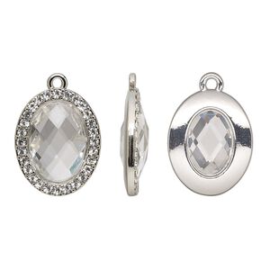 Drop, glass / glass rhinestone / imitation rhodium-finished "pewter" (zinc-based alloy), transparent clear, 23.5x19mm single-sided oval. Sold per pkg of 2.