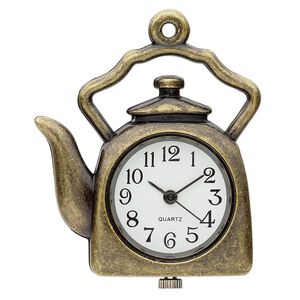 Watch face, stainless steel and antique brass-plated "pewter" (zinc-based alloy), white and black, 34mm single-sided tea kettle. Sold individually.