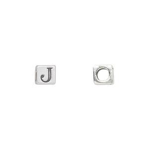 Bead 1pkg1 sterling silver, 5.5mm cube / letter J, antiqued Dione&reg;