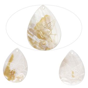 Focal, mother-of-pearl shell (natural/bleached) 1pkg3, 56x39mm-64x49mm top-drilled hand-carved teardrop with butterfly design.