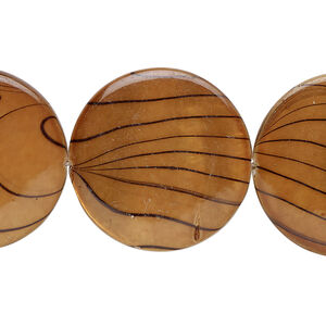 Mother-of-pearl shell 1pkg1, puffed flat round / black stripe bead 15 inch brown 24-25mm