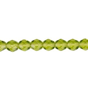 Bead, Czech fire-polished glass, transparent olivine, 6mm faceted round. Sold per 15-1/2" to 16" strand, approximately 65 beads.
