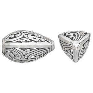 Bead 1pkg1 silver-plated, 30x18mm puffed triangle / open swirls, white brass antique