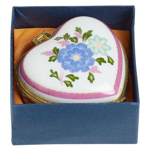 Trinket box, porcelain / acrylic / gold-finished "pewter" (zinc-based alloy), white and multicolored, 1-1/2x1-inch to 3x2-inch heart with floral decal. Sold per .