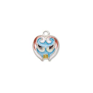 Drop, sterling silver with cloisonn&eacute;, light blue, 14x12mm mask. Sold individually.