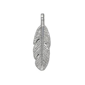 Charm, antique silver-plated "pewter" (zinc-based alloy), 26x9mm double-sided feather. Sold per pkg of 50.