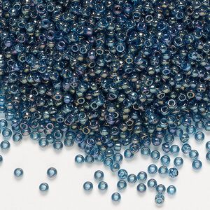 Seed bead, Miyuki, glass, pkg/250g, #11 rocaille, translucent gold luster Montana blue (RR-305).