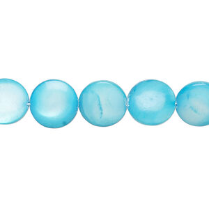 Mother-of-pearl shell 1pkg1, puffed flat round bead 15 inch light electric blue 9-11mm
