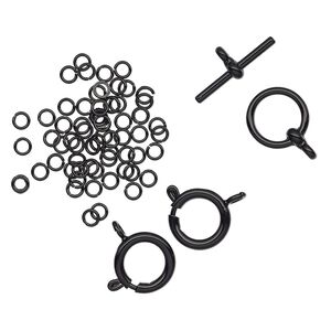 Clasp / jump ring mix toggle / springring 1pkg63 "pewter", 12mm round / 3.5mm round, 22 gauge / 2.4mm inside diameter / black-finished